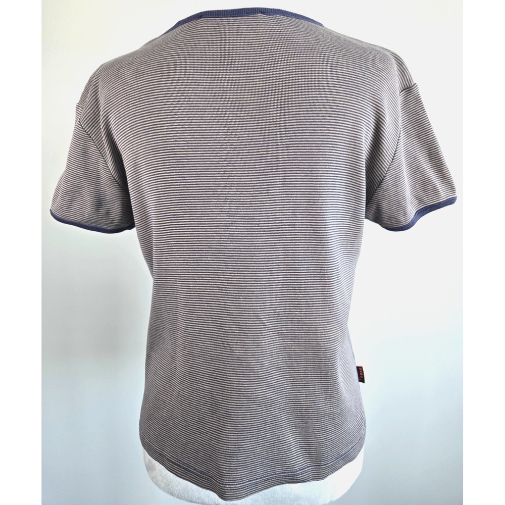 Vtg Theme Striped Top V neck Short Sleeves Minimalist Quiet Luxury Blue Nautical - Picture 2 of 15